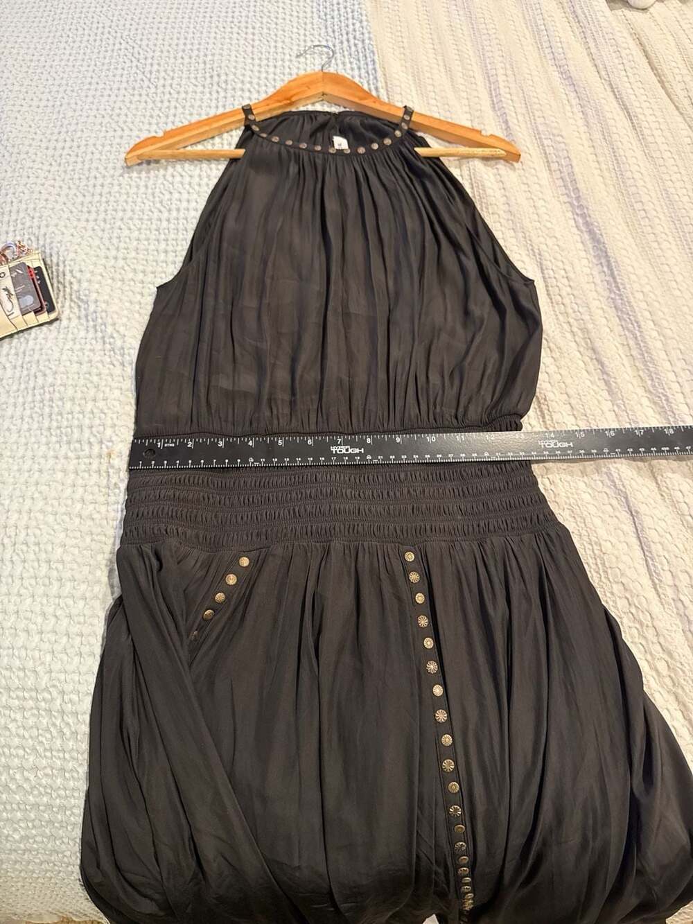 Ramy Brook Melly Studded Halter Smocked Waist Asymmetric Midi Dress